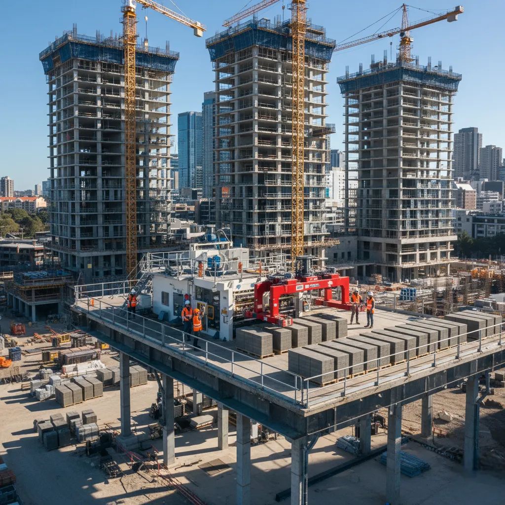 Automatic Fly Ash Brick Making Machine at Urban High-Rise Construction Site