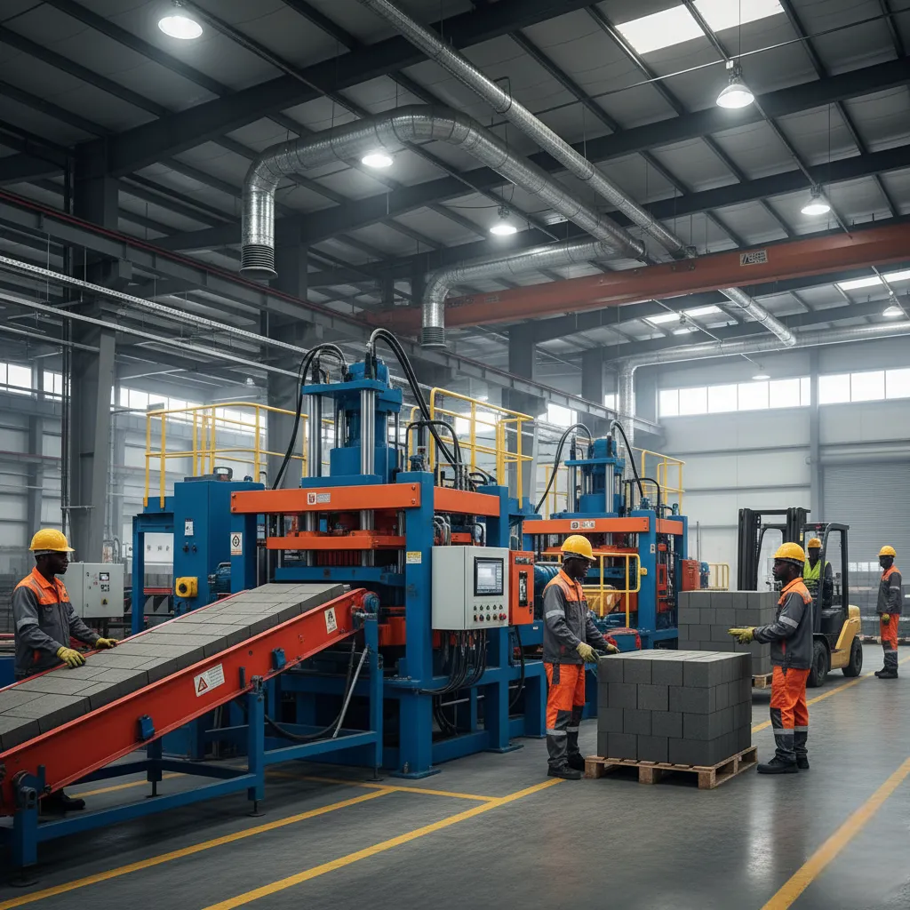 Automatic Fly Ash Brick Making Machine in a factory producing stacks of bricks ready for construction use.