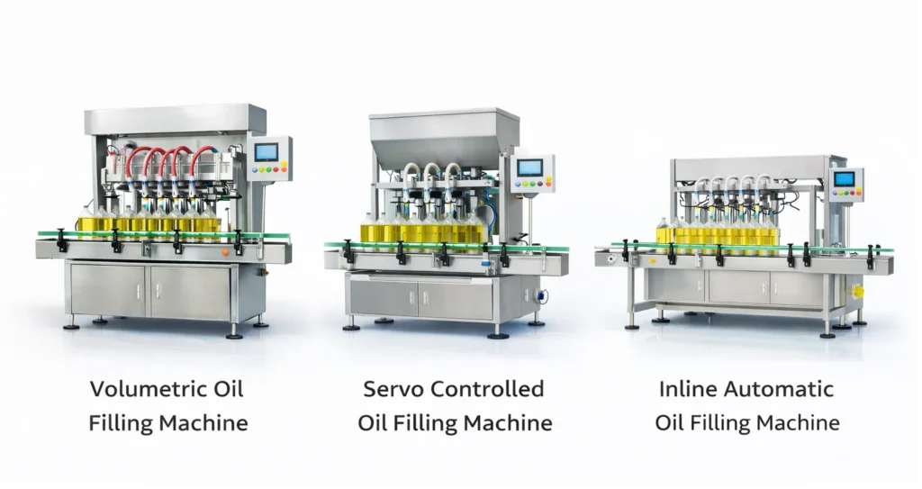 Three industrial oil filling machines including volumetric, servo controlled and inline automatic filling machines displayed side by side